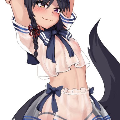 jackrockhardt, 1boy, arm behind head, arms up, black hair, blush, braid, bulge, femboy, fox boy, fox ears, fox tail, girly, heterochromia, light skin