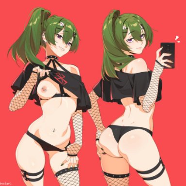 frieren beyond journey's end, sousou no frieren, ubel (sousou no frieren), dnaitari, 1girls, green hair, long hair, nipple piercing, nipples, piercing