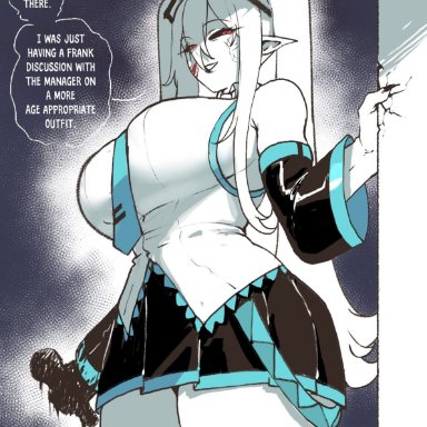 bloodlight (nyantcha), vocaloid, almonde jagger, hatsune miku (cosplay), thiccwithaq, anger vein, angry, bare shoulders, big breasts, black sclera, blood, breasts, colored sclera, cosplay, cowboy shot