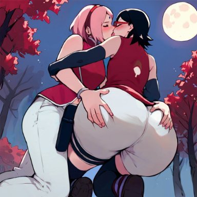 boruto: naruto next generations, naruto, naruto (series), sakura haruno, sarada uchiha, kuroi sekitan, 2girls, adult and teenager, age difference, ass, ass focus, ass grab, black hair, blush, booty