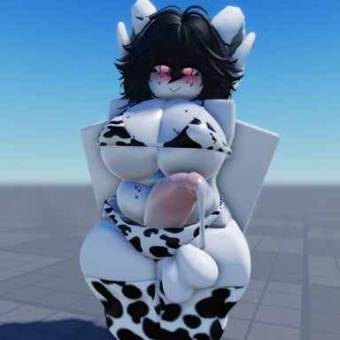 roblox, robloxian, hecahhte, 1futa, balls, blush, blushing at viewer, bra, clothed, clothing, cock, cow print, cow print bikini, dripping precum, erection