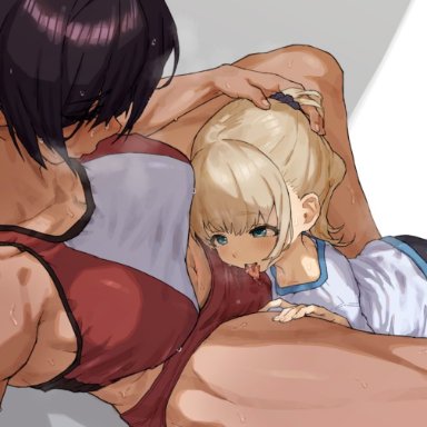 original, kei (m k), rika (m k), m k, 2girls, blonde hair, blue eyes, breasts, brown hair, bulge, dark skin, dark-skinned female, futa with female, futanari, gym uniform