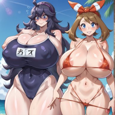 pokemon, hex maniac, may (pokemon), otace, 2girls, bimbo, g-string, gigantic breasts, huge breasts, micro bikini, one-piece swimsuit, slim waist, thick thighs, wide hips, ai generated