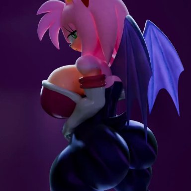 sega, sonic (series), sonic the hedgehog (series), amy rose, amy the bat, rouge the bat (cosplay), neenbeanmachine, bodysuit, horny, jiggling breasts, neckline, seductive, shaking butt, spandex suit, twerking