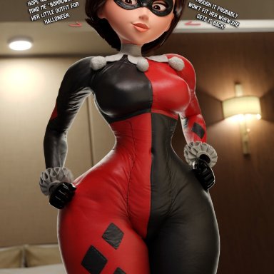 batman (series), the incredibles, elastigirl, harley quinn (cosplay), helen parr, smitty34, bodysuit, breasts, mature female, milf, mother, skin tight, thick thighs, wide hips, crossover