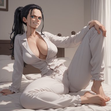 one piece, nico robin, conniexx, 1female, 1girls, angry, bed, bedroom, black hair, blue eyes, boob window, breasts, cleavage, feet, female