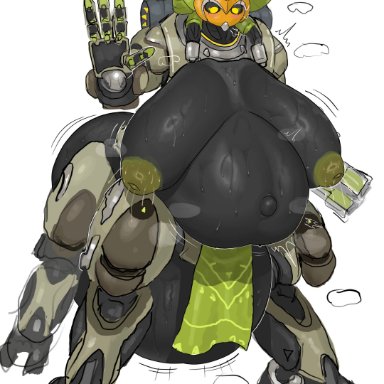 blizzard entertainment, overwatch, omnic, orisa, im51nn5, areola, ass, belly, big belly, big breasts, big butt, bodily fluids, breasts, female, gesture