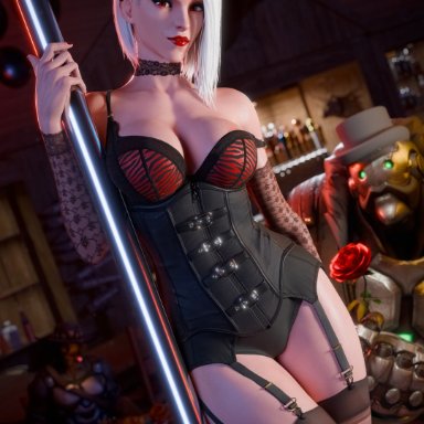 overwatch, ashe (overwatch), bob (overwatch), blankpins, areola slip, arm stockings, athletic, athletic female, bar, big breasts, bra, choker, clothed, clothed female, corset