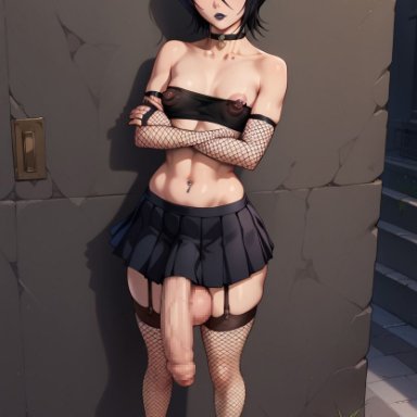 bleach, kuchiki rukia, shinkoritl, 1futa, 1futanari, big ass, big balls, big butt, big nipples, big penis, black clothing, black hair, black lipstick, breasts, casual exposure