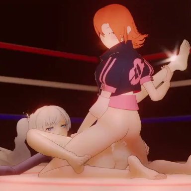 rwby, nora valkyrie, weiss schnee, infected heart, 1futa, 1girls, amazon position, anus, ass, barefoot, big ass, blue dress, blush, bottomless, camera flash