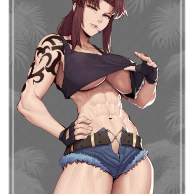 black lagoon, revy, speedl00ver, 1girls, abs, asian, asian female, big breasts, busty, chinese american, cigarette, cigarette in mouth, clothed, female, female only