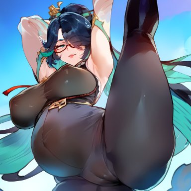 genshin impact, hoyoverse, mihoyo, xianyun (genshin impact), 1girl, 1girls, belly, breasts, female, female focus, female only, glasses, light skin, light-skinned female, ponytail