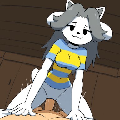 undertale, temmie, temmie (undertale), :3, 1boy1girl, animal ears, animal nose, animal tail, anthro, anthro on top, black eyes, bottomless, closed mouth, clothed sex, cowgirl position