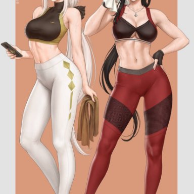 genshin impact, beidou (genshin impact), ningguang (genshin impact), sciamano240, 2girls, airpods, black hair, black sports bra, breasts, earbuds, earrings, eyepatch, fingerless gloves, hair sticks, holding phone