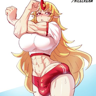 touhou, hoshiguma yuugi, nicecream, 1futa, abs, balls, blonde hair, bloomers, breasts, bulge, buruma, clothed, clothing, erection, erection under clothes