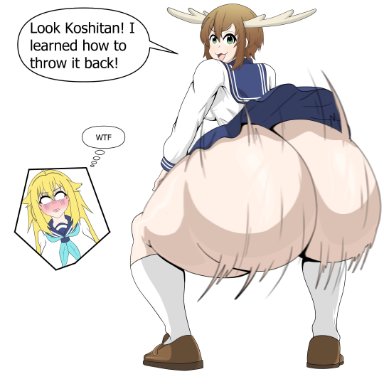 my deer friend nokotan, shikanoko nokonoko koshitantan, koshi torako, shikanoko noko, yiomo, 2girls, ass, clapping ass, clapping cheeks, huge ass, looking back, twerking, 2024, english text, text