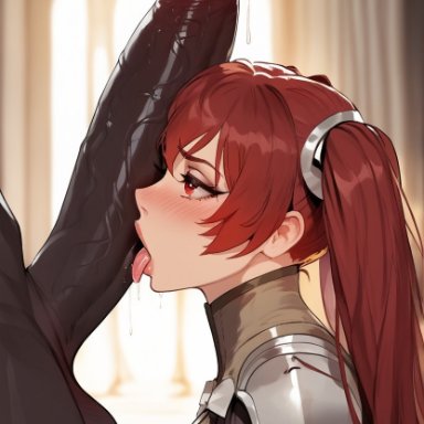 fire emblem, fire emblem awakening, nintendo, severa (fire emblem), floox, 1boy, 1girl, absurdly large cock, bedroom, belt, big penis, blush, dark-skinned male, female, huge cock