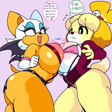 animal crossing, nintendo, sega, sonic the hedgehog (series), isabelle (animal crossing), rouge the bat, cassettedream, dream-cassette, 2girls, anthro, areolae, bat, big breasts, big thighs, black eyes