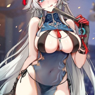 honkai (series), honkai: star rail, feixiao (honkai: star rail), foxyreine, 1girls, animal ears, big breasts, black panties, blue eyes, blush, breasts, fox ears, fox girl, kemonomimi, light skin