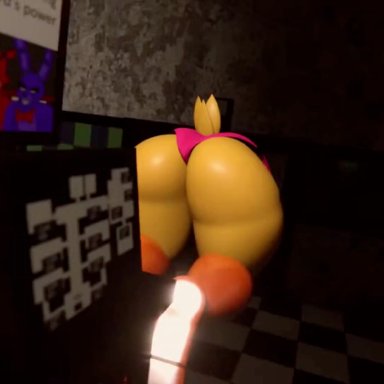 five nights at freddy's, lovetaste chica, toy chica (fnaf), oatmealpecheneg, ass, big ass, female, hand on butt, huge ass, imminent sex, removing clothing, removing panties, stuck, stuck in wall, thong