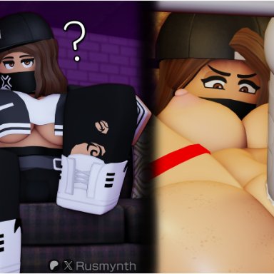 roblox, original character, robloxian, roxanne (rusmynth), rusmynth, 1boy, 1girls, anus, areolae, ass, balls, breasts, brown hair, cap, cum