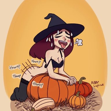 gocktober, original, original character, hitsujigoods, 1futa, 1girls, abby lupine, bent over, big breasts, bottomless, bra, breasts, breath, brown hair, cleavage