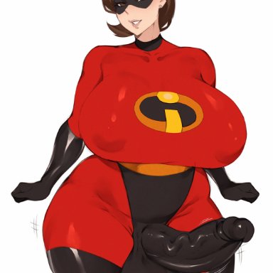 the incredibles, helen parr, karasuart07, 1futa, alternate body type, alternate breast size, balls, big balls, black gloves, bodysuit, breasts, brown hair, clothed, clothing, cock