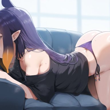 hololive, hololive english, ninomae ina'nis, ameanon, all fours, arched back, blowjob, booty, huge ass, panties, pointy ears, shirt, side-tie panties, sweat, ai generated