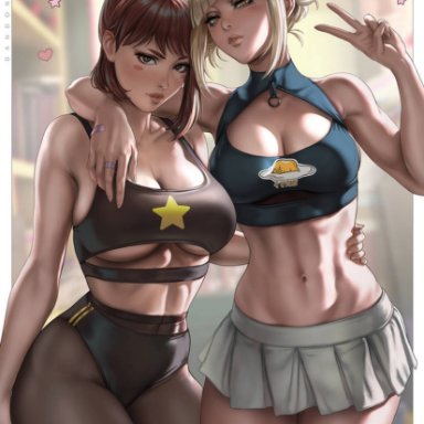 my hero academia, toga himiko, uraraka ochako, dandon fuga, 2girls, arm around shoulder, bandaid, black buruma, black sports bra, blonde hair, blue crop top, breasts, brown eyes, brown hair, buruma