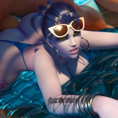 blender (software), overwatch, reinhardt, widowmaker, gifdoozer, 1boy, 1girls, ambiguous penetration, bikini bottom, blender, blue hair, breasts, cleavage, day, daytime