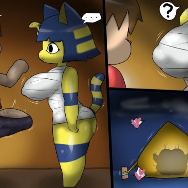 animal crossing, ankha, ankha (animal crossing), villager (animal crossing), enigi09, 1boy, 1girls, anthro, anthro female, big boobs, big breasts, big penis, boobs, breasts, clothed