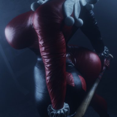 batman (series), dc comics, harley quinn, harley quinn (classic), drakepowers, 1girls, baseball bat, big ass, big breasts, bodysuit, clown, clown girl, costume, dark lighting, solo