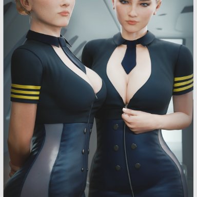 detroit: become human, chloe (detroit: become human), fugtrup, 2girls, airplane, airplane interior, android, blonde female, blonde hair, female, female only, light skin, light-skinned female, looking at viewer, stewardess