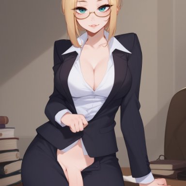 bjurne, 1futa, aqua eyes, balls, blonde hair, books, boss, boss lady, cat ears, cat tail, catgirl, cleavage, desk, ear tuft, ear tufts