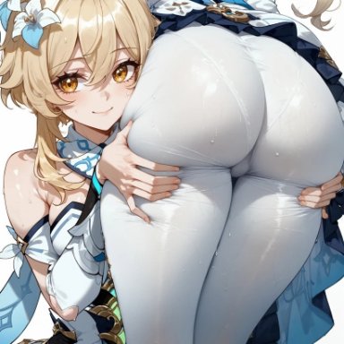 genshin impact, barbara (genshin impact), lumine (genshin impact), mako (artist), ass, ass focus, ass grab, back view, bare legs, big ass, big butt, blonde hair, fat ass, gigantic ass, huge thighs