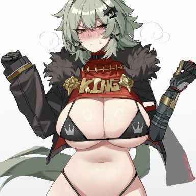 zenless zone zero, caesar king, ratatatat74, 1girls, big breasts, bikini, blush, brown eyes, coat, embarrassed, gloves, grey hair, hair ornament, looking at viewer, open clothes