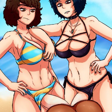 persona, persona 5, sadayo kawakami, tae takemi, bklo, 1boy, 2futas, anal, anal sex, beach, bored, clothed, clothing, dark skin, dark-skinned male