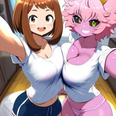 my hero academia, ashido mina, mina ashido, ochako uraraka, ameanon, bedroom, big breasts, cleavage, dorm, dorm room, heart, panties, selfie, shorts, smile