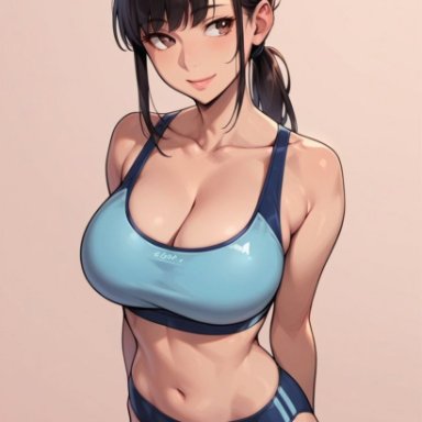 verybadboye, 1futa, blush, brown eyes, brown hair, bulge, bulge through clothing, futanari, gym clothes, gym uniform, looking to the side, ponytail, smile, smiling, sports bikini