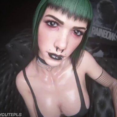 rainbow six, rainbow six siege, ela (rainbow six), staycutepls, 1girls, assisted masturbation, big breasts, breasts, goth, goth girl, green hair, handjob, light skin, light-skinned female, looking at partner