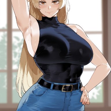 jujutsu kaisen, yuki tsukumo, creamy ai, black shirt, blonde hair, brown eyes, covered navel, curvy, jeans, large breasts, long hair, shirt, sleeveless, sleeveless shirt, thick thighs