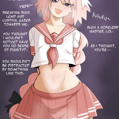 astolfo (fate), vammzu, 1boy, blush, femboy, ponytail, pov, sailor uniform, skirt, smug, talking to viewer, teasing, teasing viewer, thick thighs, thigh squish