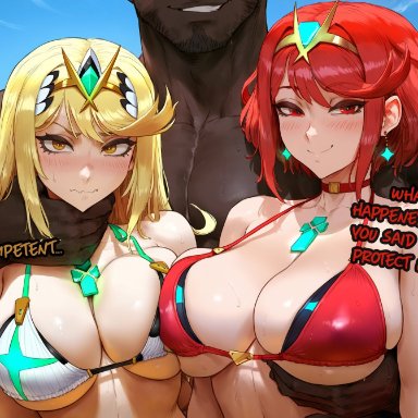 xenoblade (series), xenoblade chronicles 2, mythra, pyra, aipotions, beach, beach background, bikini, bimbo, blonde hair, cheating, cheating girlfriend, cheating wife, cheating with enemy, dark penis