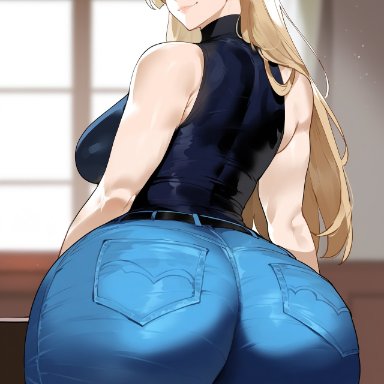 jujutsu kaisen, yuki tsukumo, creamy ai, ass, ass bigger than head, ass focus, big ass, big butt, black shirt, blonde hair, booty, brown eyes, bubble ass, bubble butt, curvy