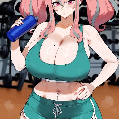 ai generated, azur lane, breasts bigger than head, bremerton (azur lane), cleavage, creamy ai, curvy, gym, gym shorts, huge breasts, long hair, midriff, navel, navel piercing, pink eyes