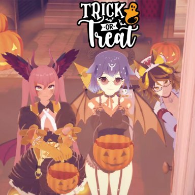 halloween, bao (vtuber), sinder (vtuber), trickywi, annonxi, blue hair, brown hair, cum in pussy, dark-skinned female, doggy style, female penetrated, fffm foursome, fingering, halloween costume, halloween theme