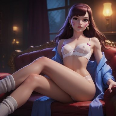 overwatch, d.va, ragen, ragen nsfw, bra, crossed legs, erect nipples, erect nipples under clothes, eye contact, fit female, lace bra, lace lingerie, lingerie, long hair, looking at viewer