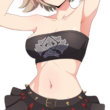 zenless zone zero, burnice white, armpits, arms behind head, arms up, bandeau, black skirt, black thighhighs, blonde hair, blush, breasts, cleavage, cowboy shot, eyewear on head, female