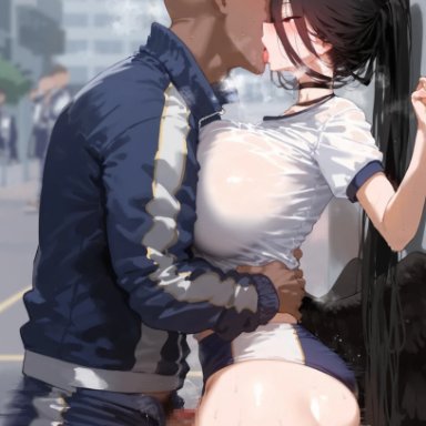 blue archive, hasumi (blue archive), uncle illustration, 1boy, 1girls, bare legs, big ass, big butt, big penis, black hair, cum, cumshot, dark skin, dark-skinned male, fat ass