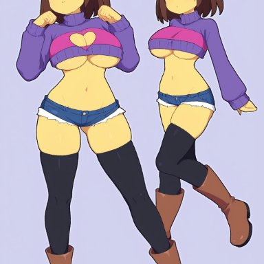 undertale, frisk, anonymous artist, 1girls, boots, brown hair, cleavage cutout, closed eyes, micro shorts, multiple views, short shorts, sweater, thighhighs, underboob, ai generated